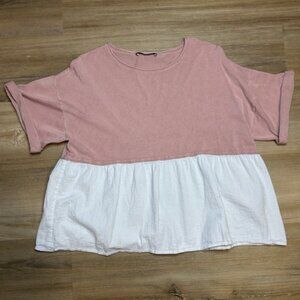 Zara Pink & White Colorblock Babydoll Top